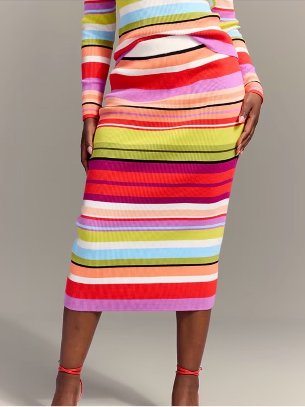 Multi-Color Striped Midi Skirt - Vibrant Rainbow Stripe